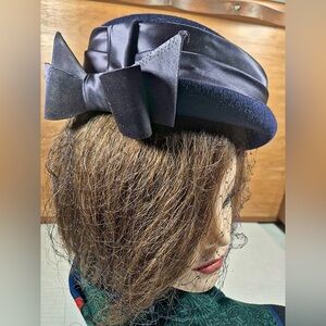 Vintage Navy Blue Wool Pillbox, Large Satin Bow, Netting -Glenover Henry Pollack